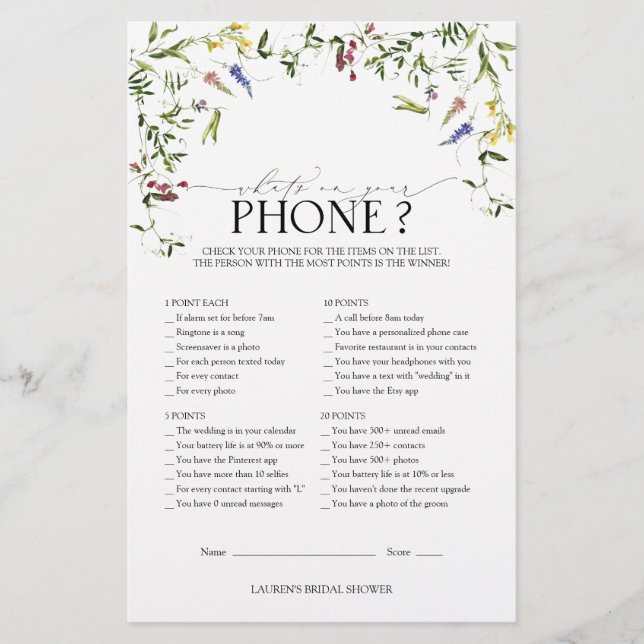 Elegant Summer Wildflower Bridal Shower Game (Front)