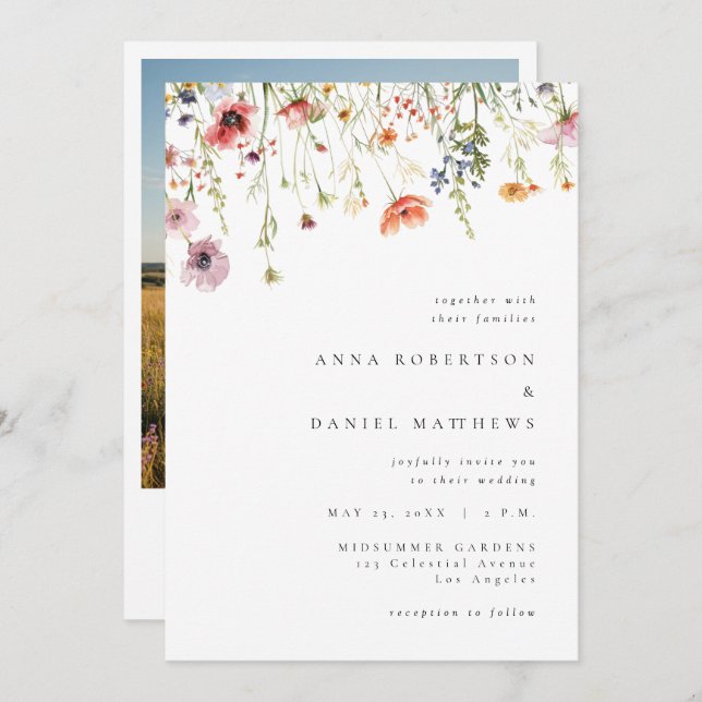 Elegant Summer Wildflower QR Code Photo Wedding Invitation (Front/Back)