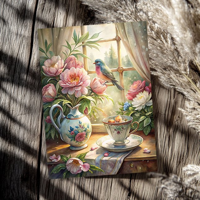 Elegant summer window with bird pink peonies tissue paper (Elegant summer window with bird pink peonies tissue paper)