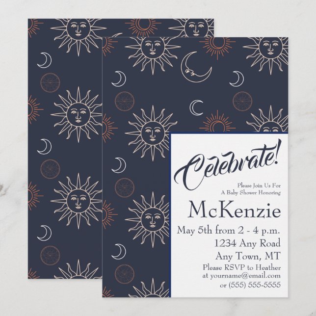 Elegant Sun and Moon on Blue Celestial Baby Shower Invitation (Front/Back)