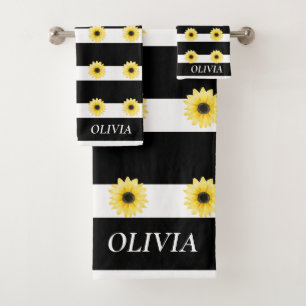 Elegant  Sunfllower on Black and White  Bath Towel Set