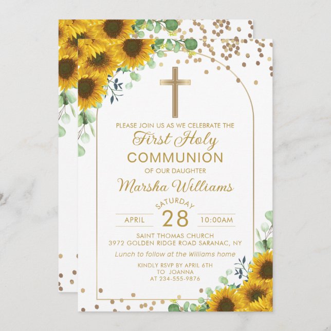 Elegant Sunflower Arch Gold First Holy Communion Invitation (Front/Back)