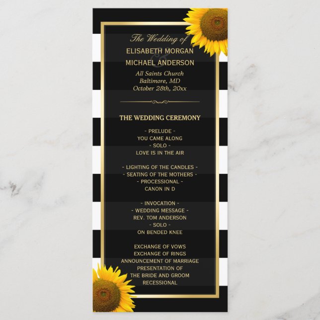 Élégant Sunflower Black White Wedding Programme (Devant)