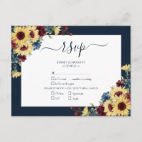 Elegant Sunflower Burgundy Navy Blue Wedding RSVP