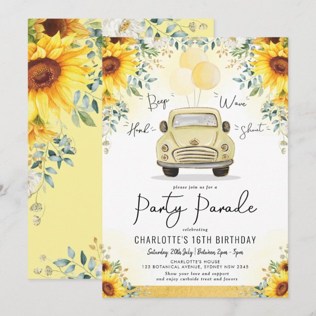 Elegant Sunflower Drive Thru Birthday Party Parade Invitation (Front/Back)