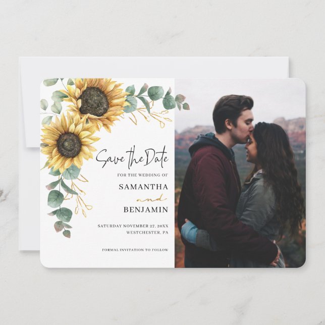 Elegant Sunflower Eucalyptus 1 Photo Wedding Save The Date (Front)
