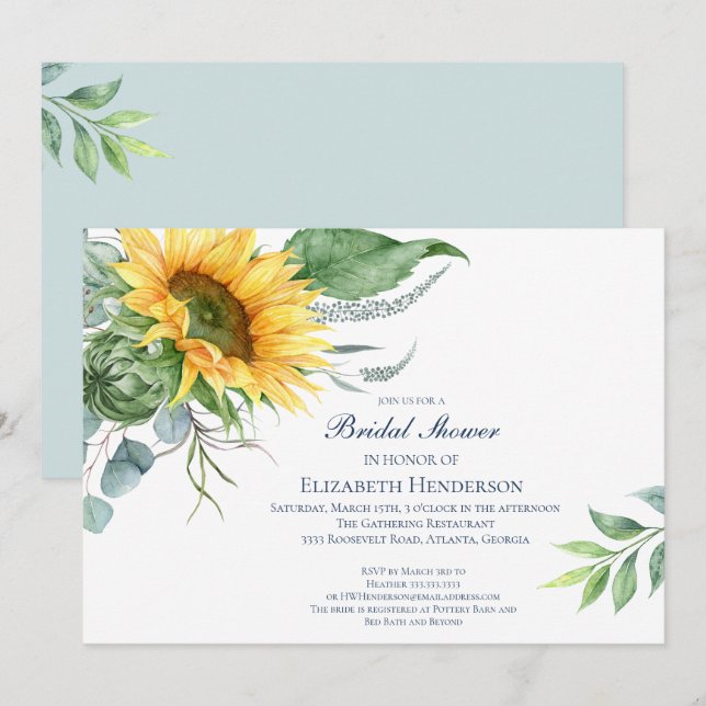 Elegant Sunflower Eucalyptus Bridal Shower Invitation (Front/Back)