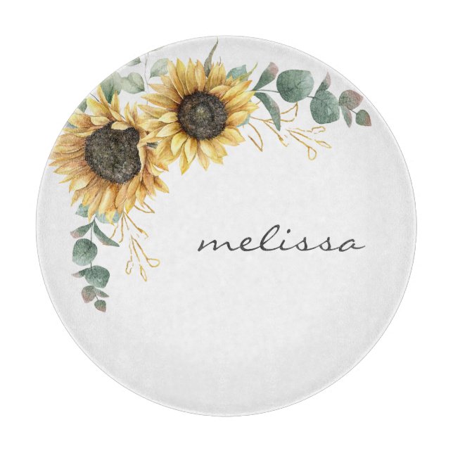 Elegant Sunflower Eucalyptus Floral Cutting Board (Front)
