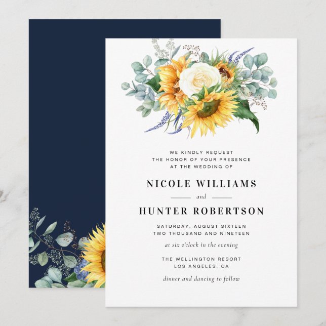 elegant sunflower eucalyptus navy blue wedding invitation (Front/Back)