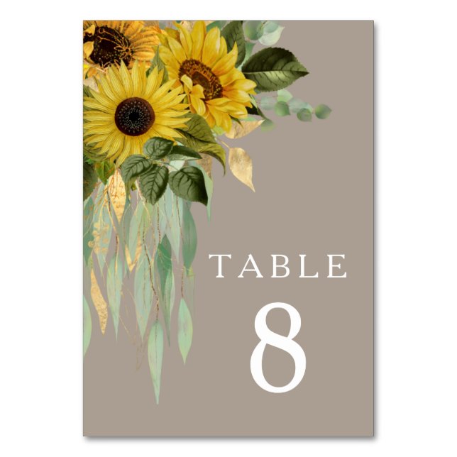Elegant Sunflower Eucalyptus Taupe Wedding Table Number (Front)