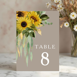 Elegant Sunflower Eucalyptus Taupe Wedding Table Number