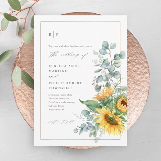 Elegant Sunflower Eucalyptus Watercolor Wedding Invitation (An elegant sunflower eucalyptus greenery leaves wedding invitation.)