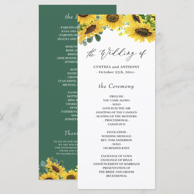 Elegant Sunflower Eucalyptus Wedding Ceremony Program (Front/Back)