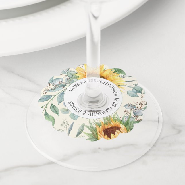 Elegant Sunflower Eucalyptus Wedding Favour Wine Glass Tag (Close Up)