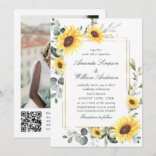Elegant Sunflower Eucalyptus Wedding Photo QR code Invitation