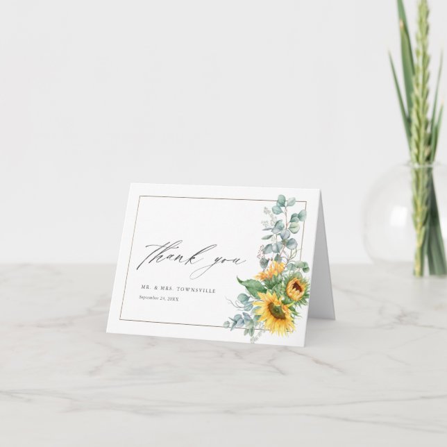 Elegant Sunflower Eucalyptus Wedding Photo Thank You Card (Front)