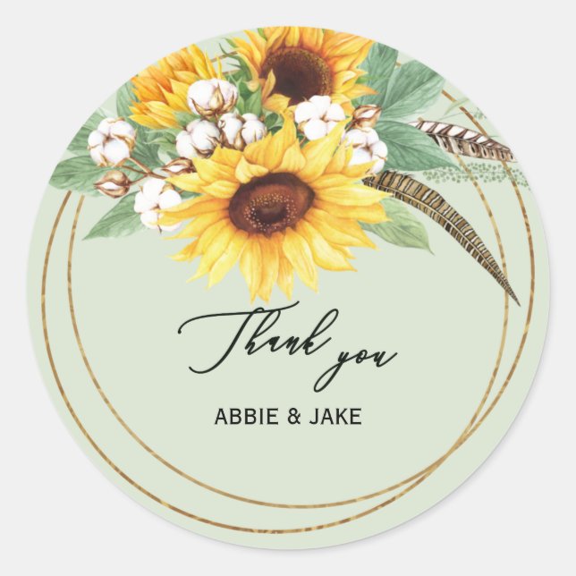 Elegant Sunflower Feather Mint Wedding  Classic Round Sticker (Front)