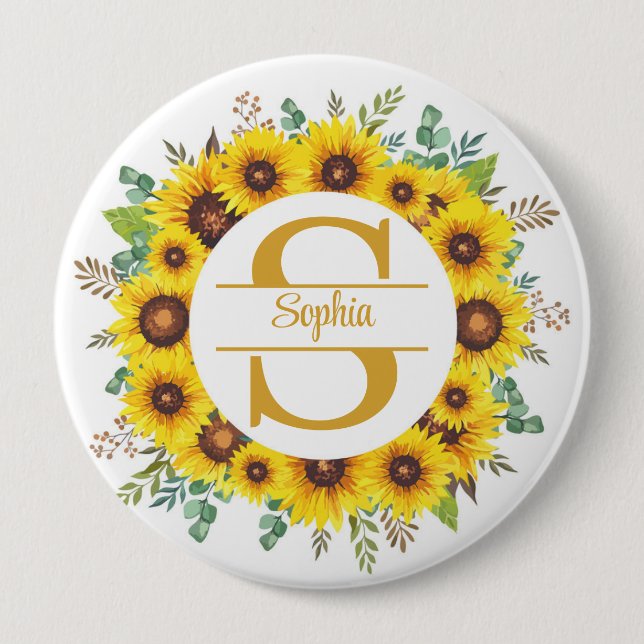 Elegant Sunflower Floral Monogram with Name 4 Inch Round Button (Front)