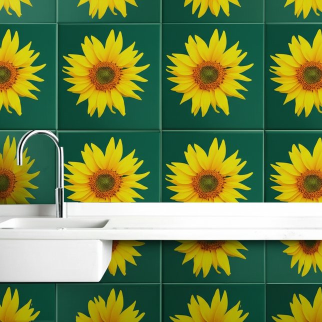 Elegant Sunflower (Floral Wall Art) Emerald Green  Tile (Sunflower Emerald Green Ceramic Tiles
)