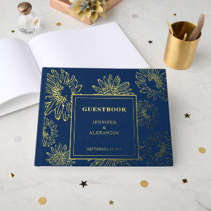Elegant sunflower gold Foil blue wedding Guestbook
