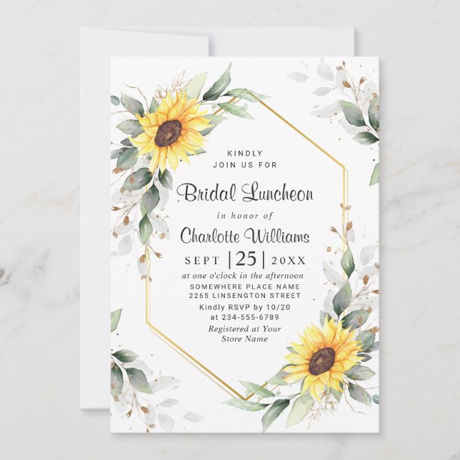 Elegant Sunflower Greenery Floral Bridal Luncheon Invitation (Front)