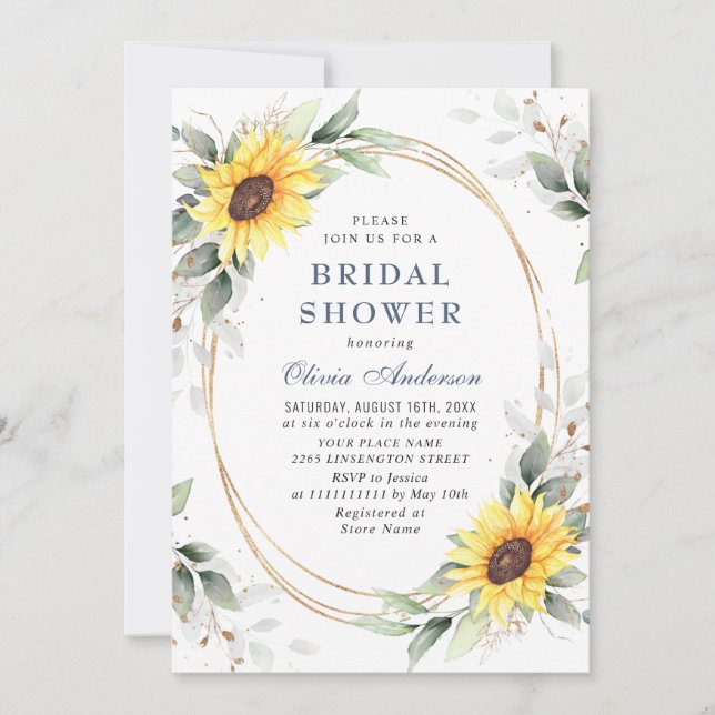 Elegant Sunflower Greenery Floral Bridal Shower Invitation (Front)
