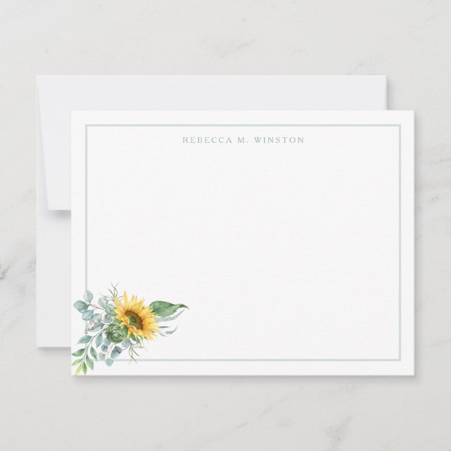 Elegant Sunflower Greenery Personalized Stationery Card (Front)