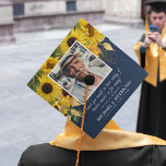 Elegant Sunflower In Loving Memory tribute Graduation Cap Topper<br><div class="desc">Wear this memorial cap topper to honour a friend or family member who is in heaven. Design features a trendy navy blue background, decorated with yellow autumn sunflowers and foliage, faux gold confetti, a square picture of your loved one, the text 'I know you would be here today, if heaven...</div>