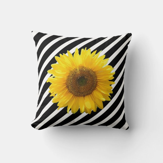 Elegant Sunflower on Black & White Striped Throw Pillow (Front)
