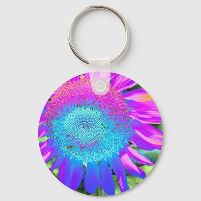 Elegant sunflower purple pink blue floral  keychain (Front)