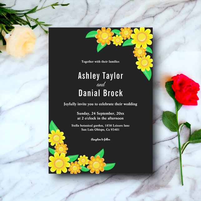 Elegant Sunflower Rustic Boho Black Floral Wedding Invitation (Creator Uploaded)