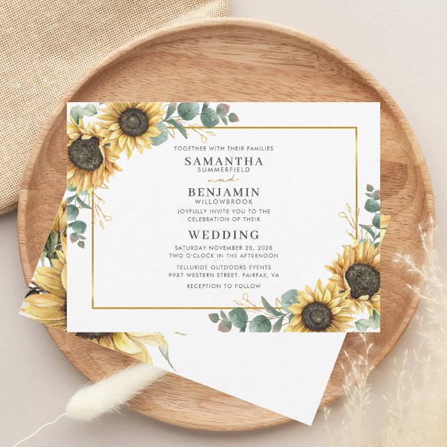 Elegant Sunflower Rustic Wedding Invitation (Floral Sunflower Eucalyptus Greenery Watercolor Wedding Invitation)