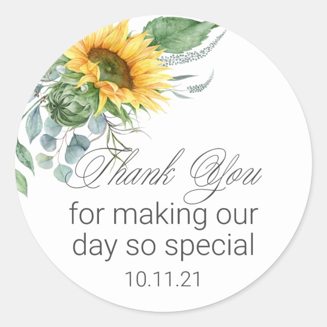 Elegant Sunflower Script Thank You Classic Round Sticker (Front)