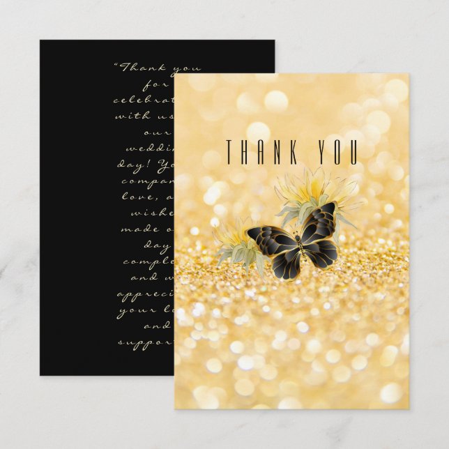 Elegant Sunflower Sparkle Black Butterfly Gold Thank You Card (Front/Back)