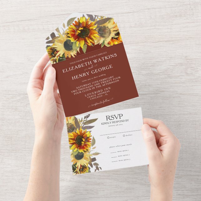 Elegant Sunflower Tan Brown Fall Wedding All In One Invitation (Tearaway)