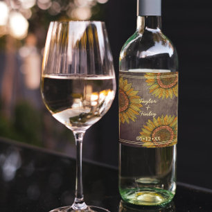   Elegant Sunflower Taupe Farmhouse Rustic Wedding Wine Label