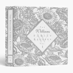 Elegant Sunflower Toile Grey Recipe Binder