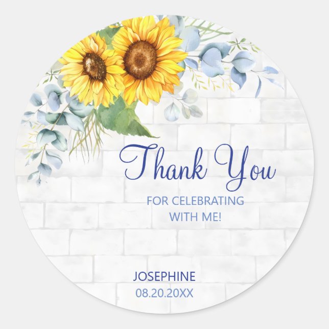 Elegant Sunflower Wall Brick Floral Birthday Classic Round Sticker (Front)
