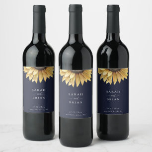 Elegant Sunflower Wedding Navy Blue Wine Label