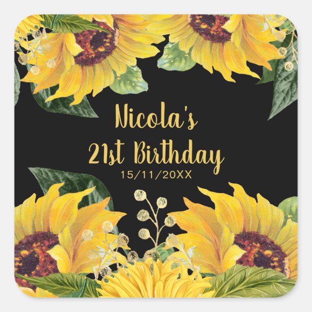 Elegant Sunflowers and Foliage Birthday Party Square Sticker (Front)