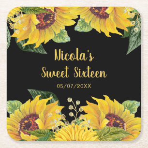 Elegant Sunflowers and Foliage Sweet Sixteen Square Paper Coaster