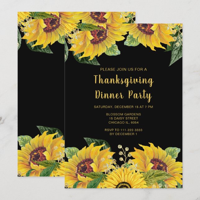 Elegant Sunflowers and Foliage Thanksgiving Party Invitation (Front/Back)