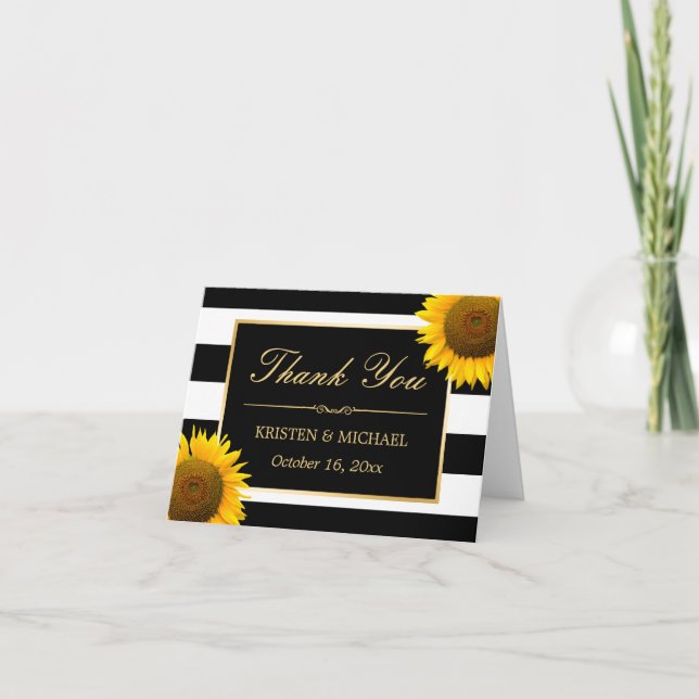 Elegant Sunflowers Black White Stripes Thank You (Front)
