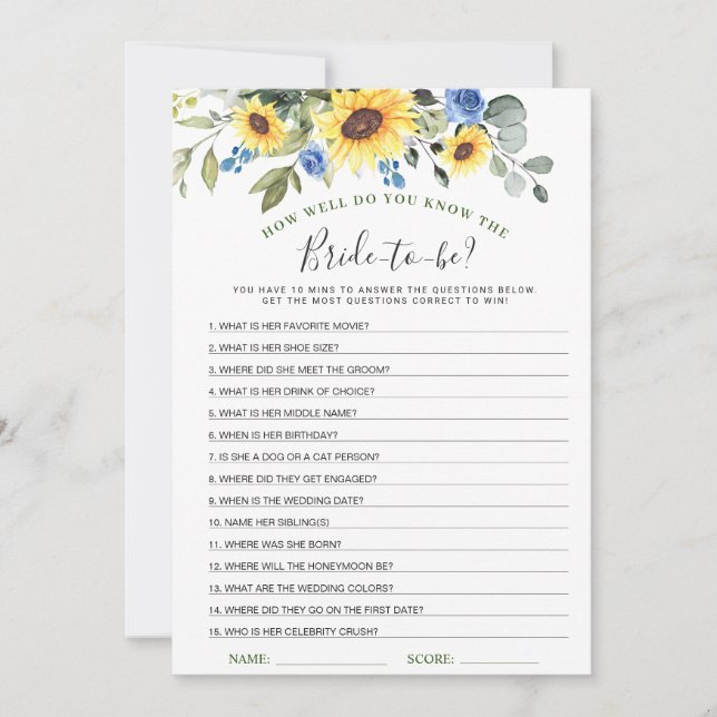 Elegant Sunflowers Bridal Shower Game Card (Front)