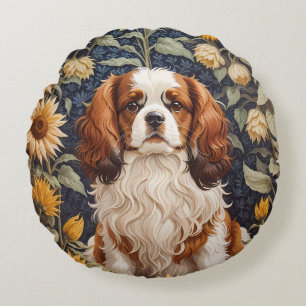Elegant Sunflowers Cavalier King Charles Spaniel Round Pillow