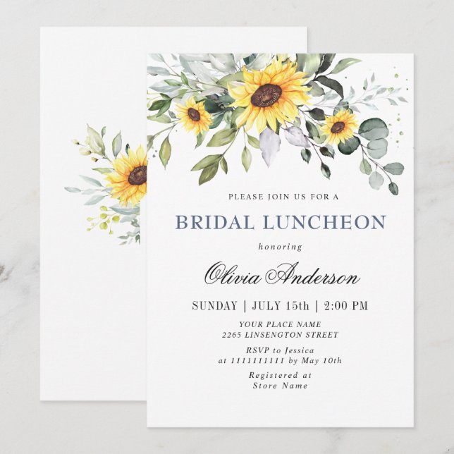 Elegant Sunflowers Eucalyptus BRIDAL LUNCHEON Invitation (Front/Back)