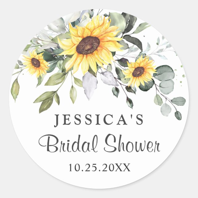 Elegant Sunflowers Eucalyptus Bridal Shower Classic Round Sticker (Front)