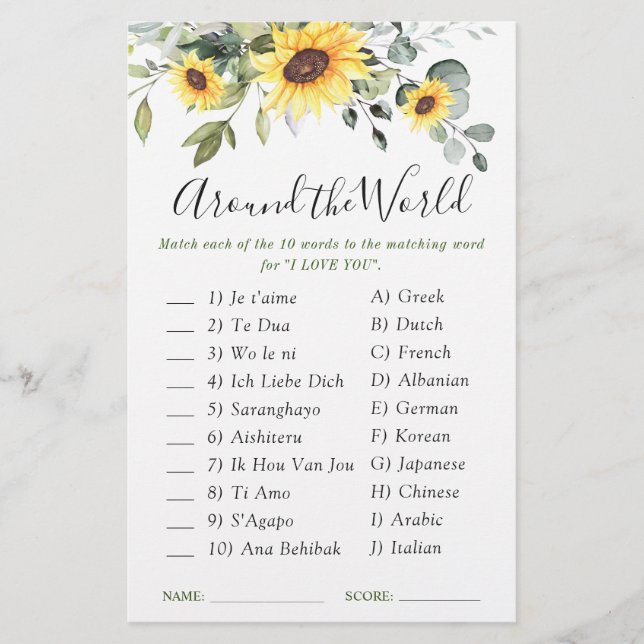 Elegant Sunflowers Eucalyptus Bridal Shower Game (Front)