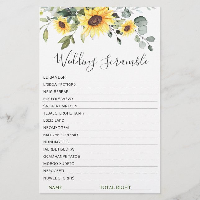 Elegant Sunflowers Eucalyptus Bridal Shower Game (Front)