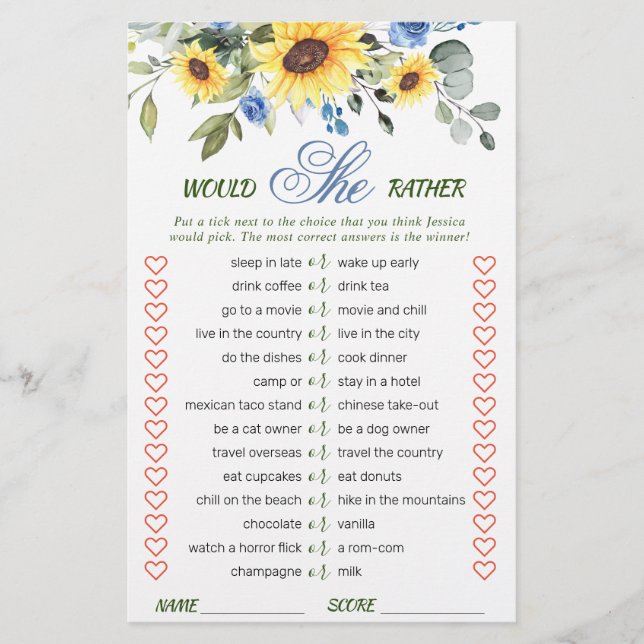 Elegant Sunflowers Eucalyptus Bridal Shower Game (Front)